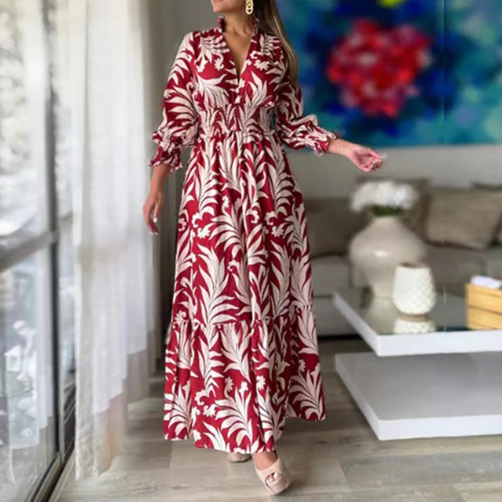 Amy Fashion - Autumn Floral Print Long Sleeve Boho Dress