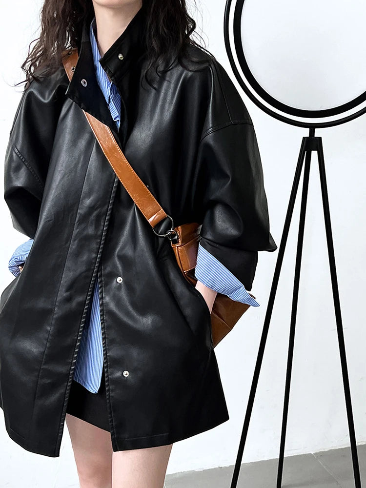 Loose Fit PU Leather Black Big Size Long Stand Collar Long Sleeve Fashion Jacket