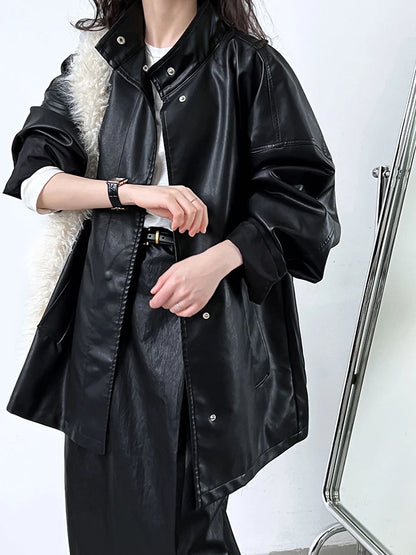 Loose Fit PU Leather Black Big Size Long Stand Collar Long Sleeve Fashion Jacket