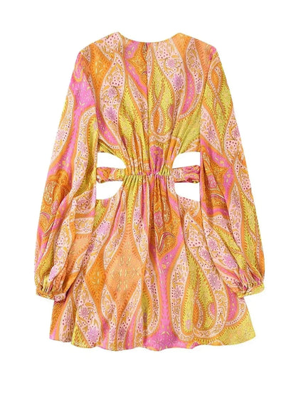 Amy Fashion - 2024 legant Print Hollow Out Pleated Mini Boho Dress