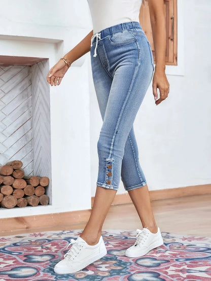 Amy Fashion - Elastic Waist Calf-Length Summer Casual Skinny Fashion High Slim Jean