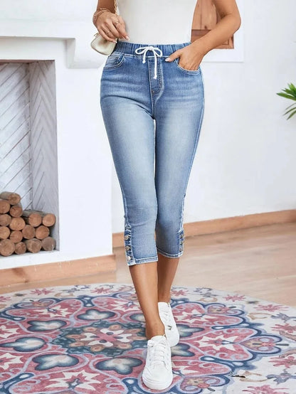 Amy Fashion - Elastic Waist Calf-Length Summer Casual Skinny Fashion High Slim Jean