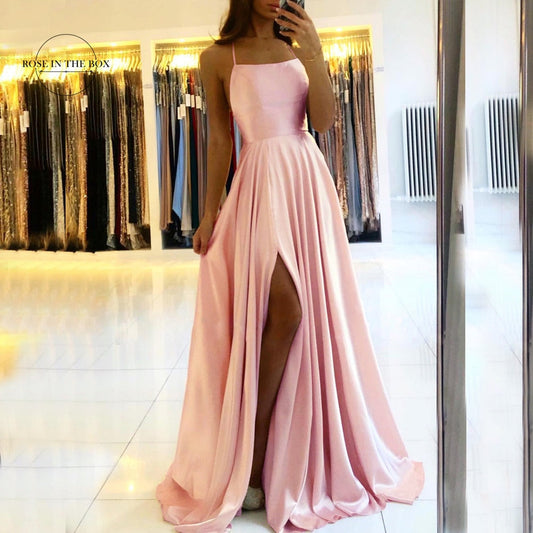 Amy Fashion - Backless Side Slit Halter Satin Evening Party Dress