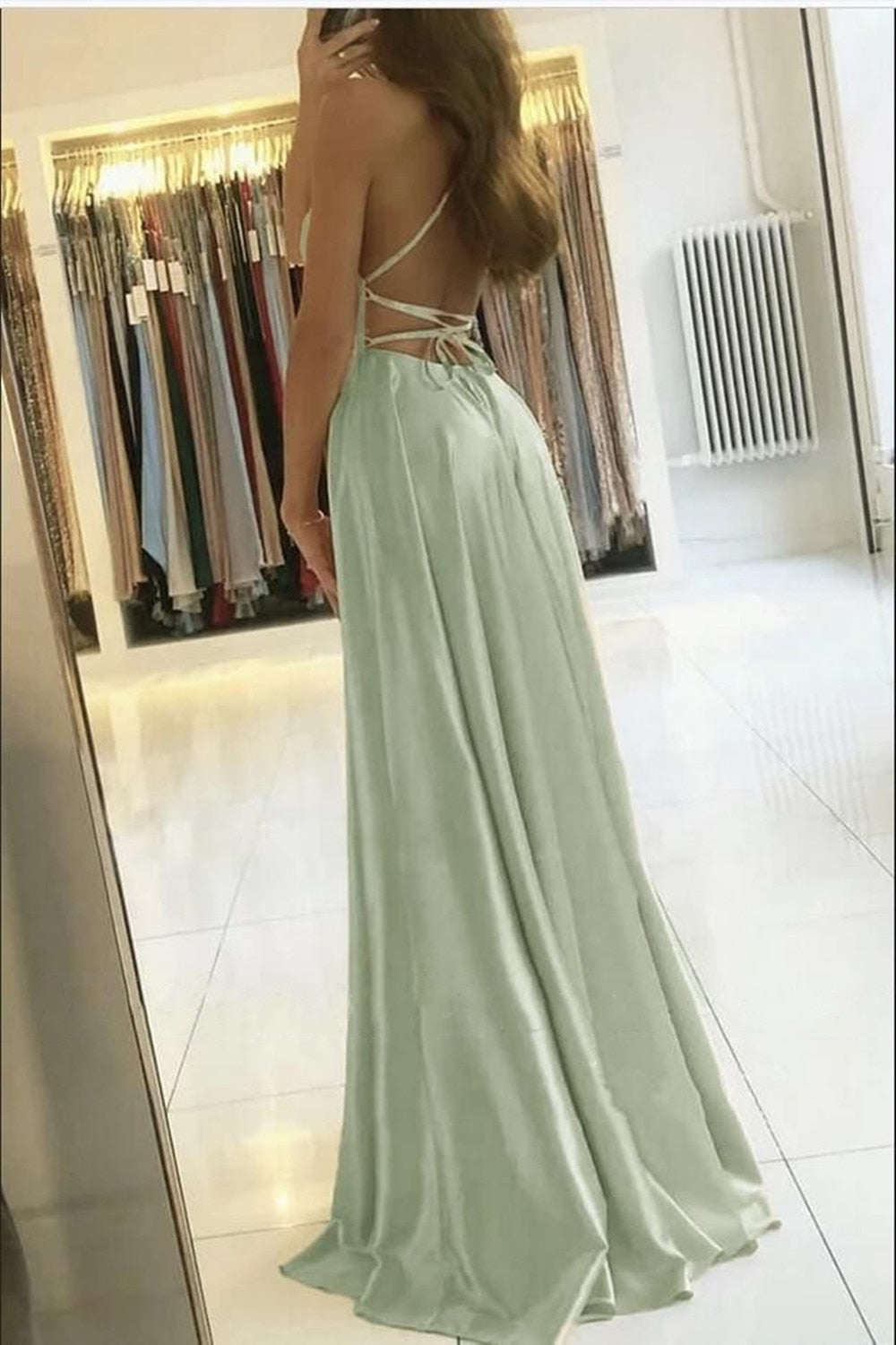 Amy Fashion - Backless Side Slit Halter Satin Evening Party Dress