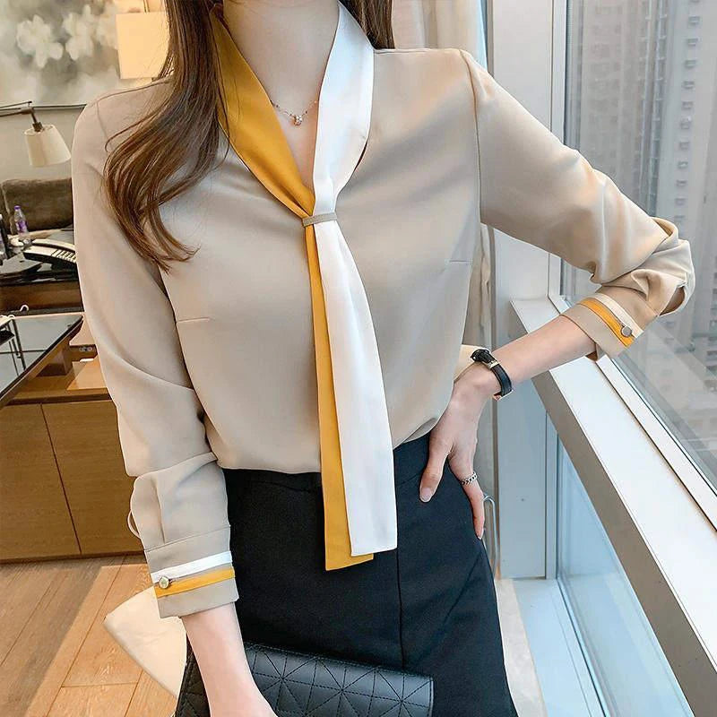 Elegant Scarf Collar Beading Spring Autumn Casual Tops Blouse