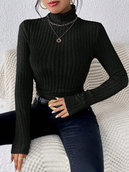 Elegant Solid Basic Knitted Tops Women Turtleneck Long Sleeve Casual Slim Sweater