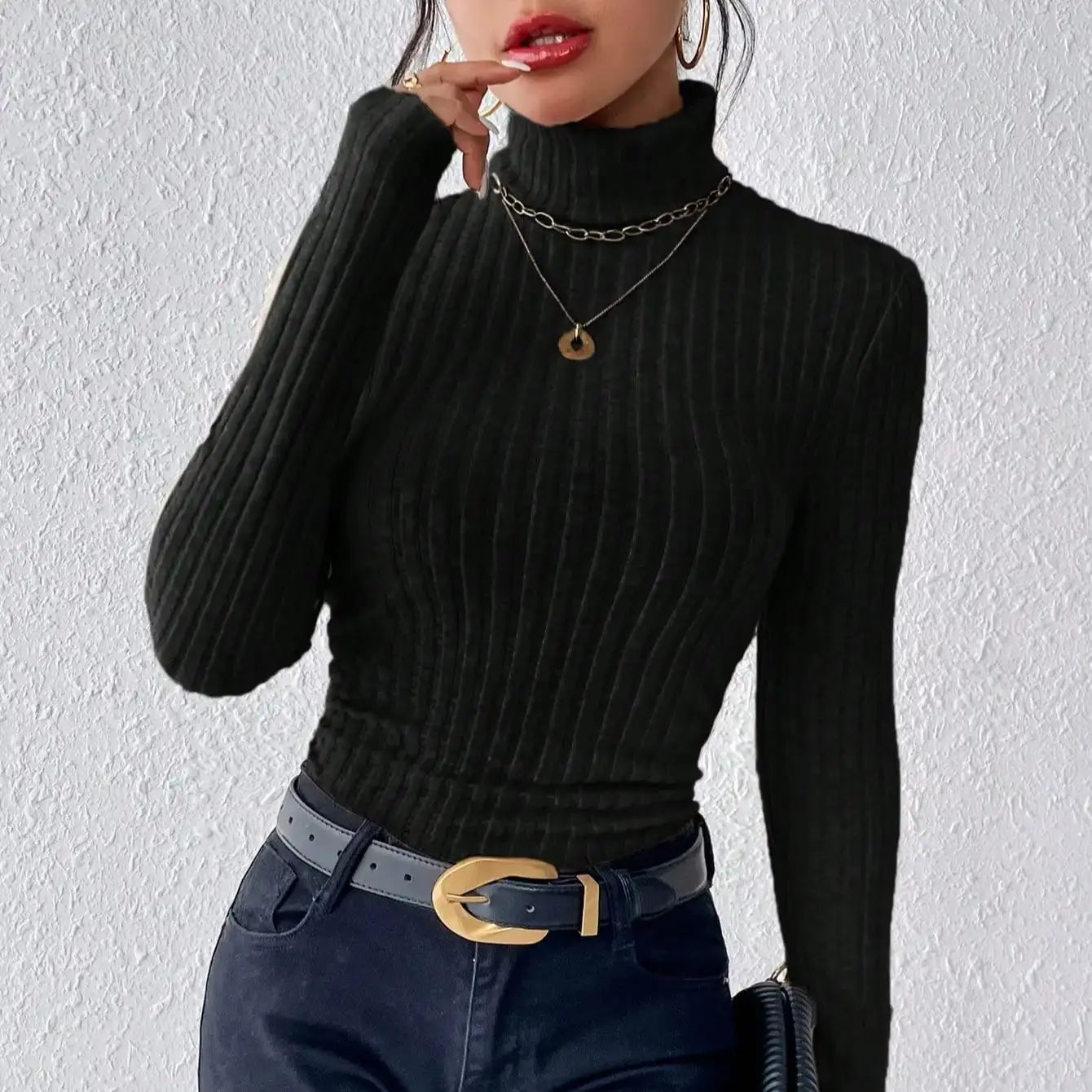 Elegant Solid Basic Knitted Tops Women Turtleneck Long Sleeve Casual Slim Sweater