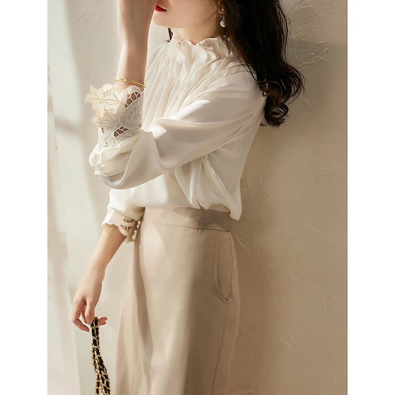 Elegant Folds Solid Color Autumn Winter Princess Sleeve Blouse