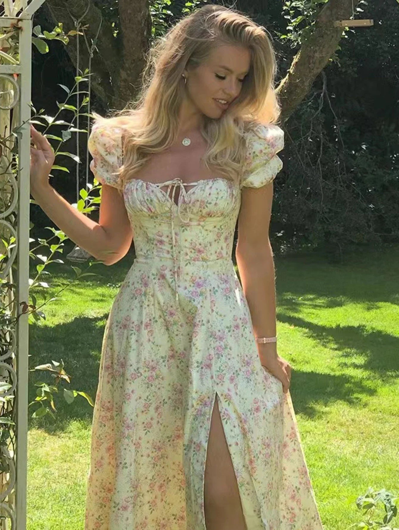 Amy Fashion - 2024 Sweet Fairy Short Sleeve Midi Floral High Waist Boho Dress