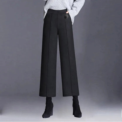 Elegant Woolen Blend Wide Leg High Waist Office Pants