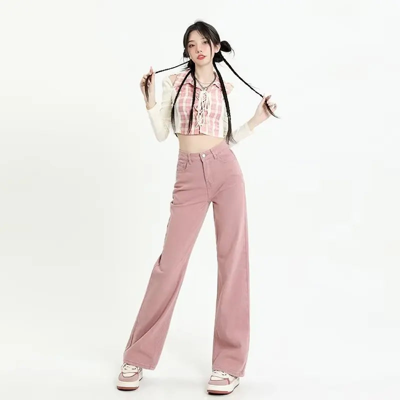 Amy Fashion - European And American Gentle Style Dirty Pink Ruffled Versatile Wide Leg Pants Jean