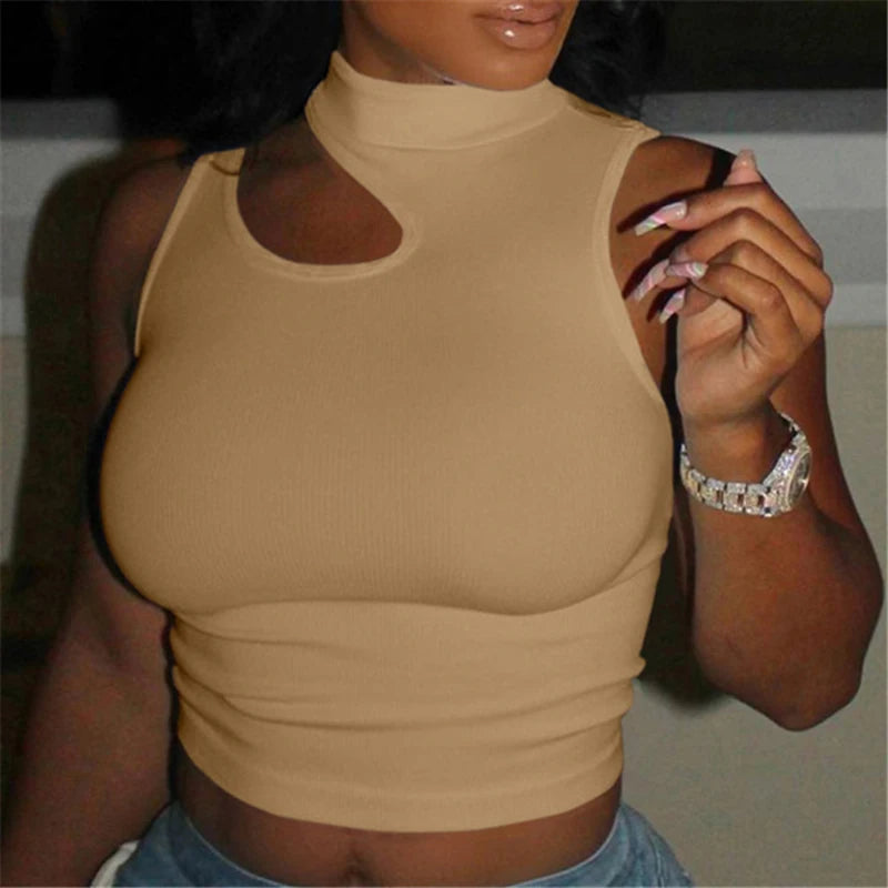 Off Shoulder High Elastic Fitness Bottom Round Neck Sleeveless Crop Top