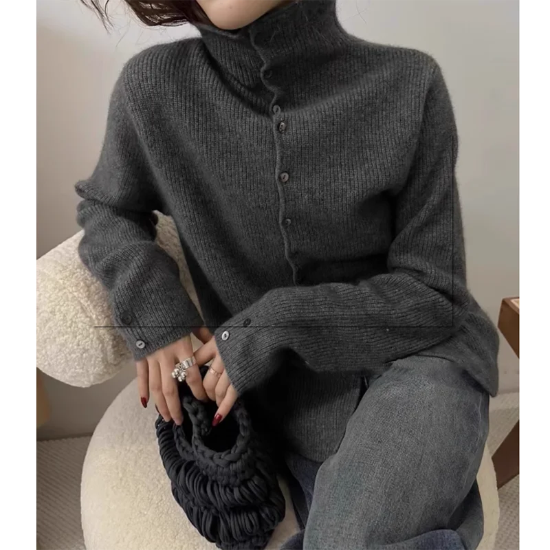 Soft Waxy Cashmere Knit Fashionable  Single-breasted Long Sleeve Warm Cozy Cardigan