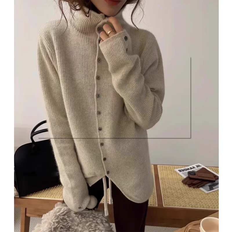 Soft Waxy Cashmere Knit Fashionable  Single-breasted Long Sleeve Warm Cozy Cardigan