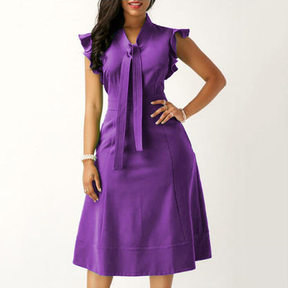 2024 Fashion Solid Color Tie Ruffled Fly Sleeve Slim Midi Dress
