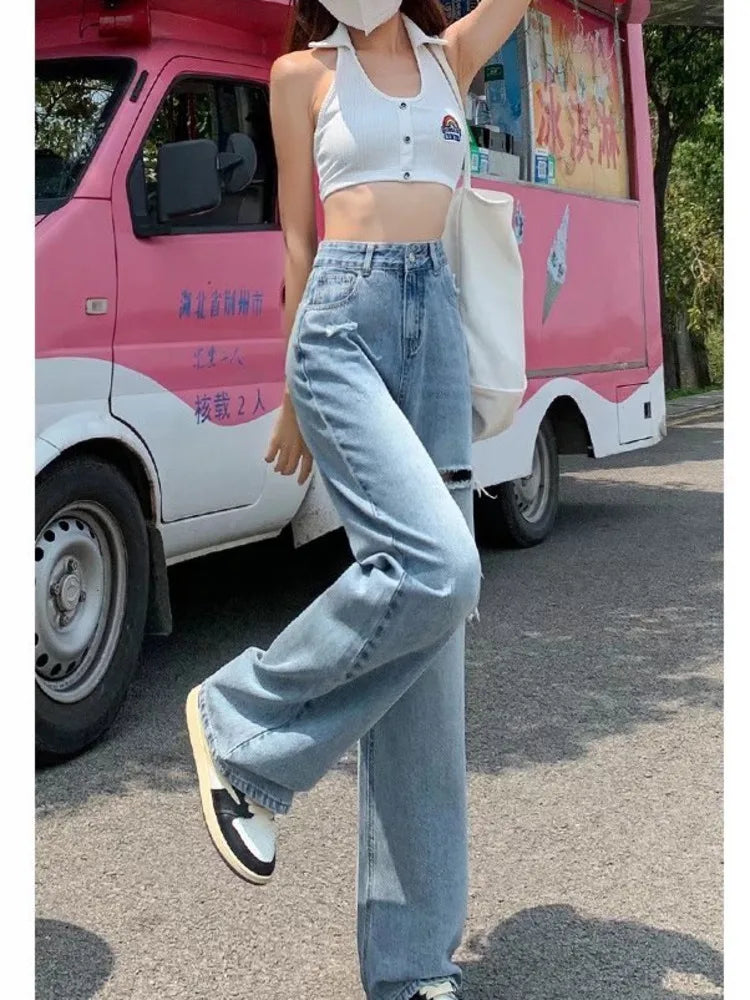 Amy Fashion - New Straight Loose High Waist Thin Women's Summer Thin Section Wide Leg Pants Jean