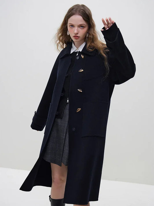 Wool Polo Neck Horn Button Raglan Sleeve Brown Long Office Lady Navy Blue Winter Coat