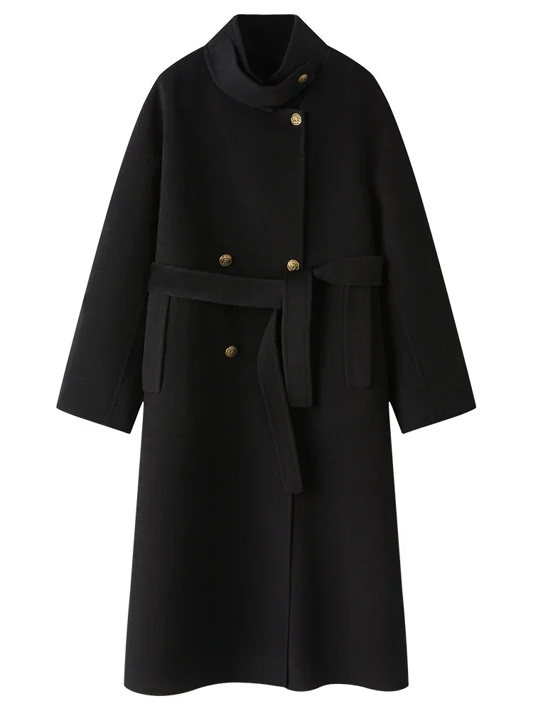 Wool Stand Collar Diagonal Placket Design Double-Breasted Long Dark Green Straight Commuter Black Coat