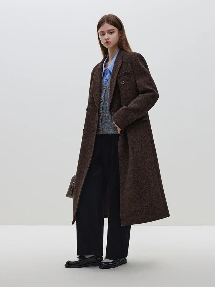 Wool Notched Collar Front Shoulder Coffee Color Double Breasted Long Coat