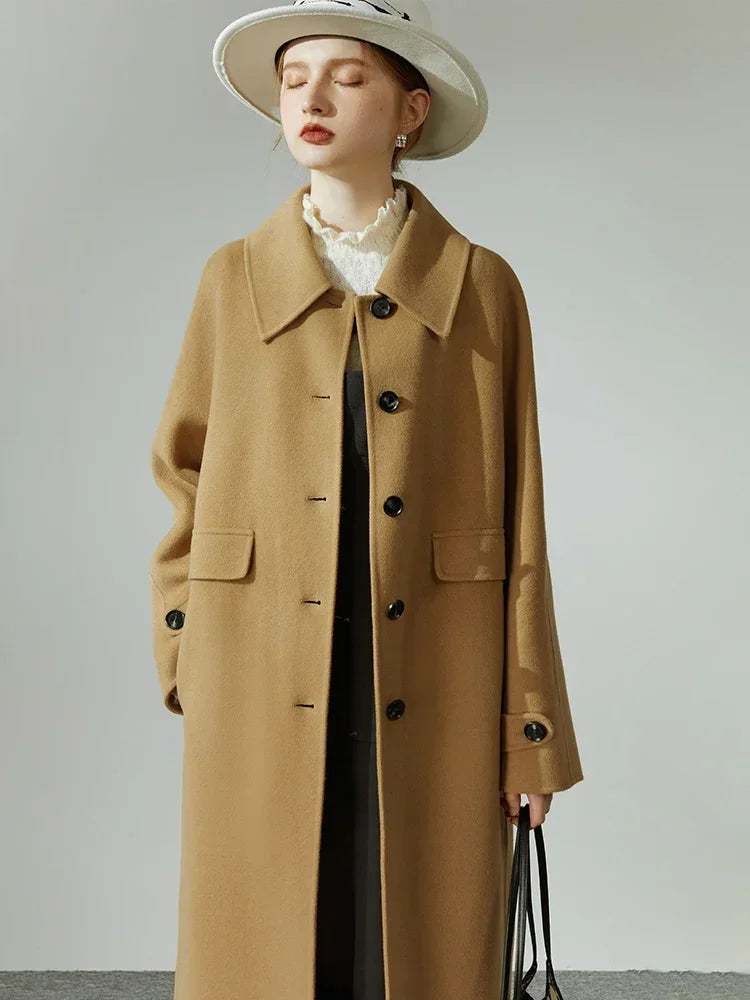 Hepburn Style Polo Collar Long Woolen Autumn Winter Office Lady Single-breasted Full Wool Coat