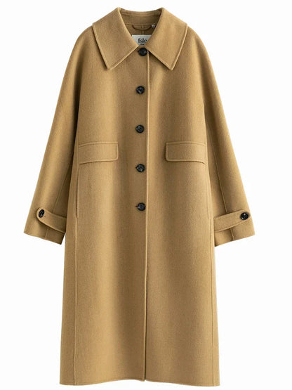 Hepburn Style Polo Collar Long Woolen Autumn Winter Office Lady Single-breasted Full Wool Coat