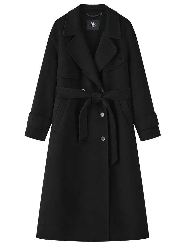 Hepburn Style Pure Woolen Autumn Winter Temperament Office Lady Double-sided Mid-length Coat