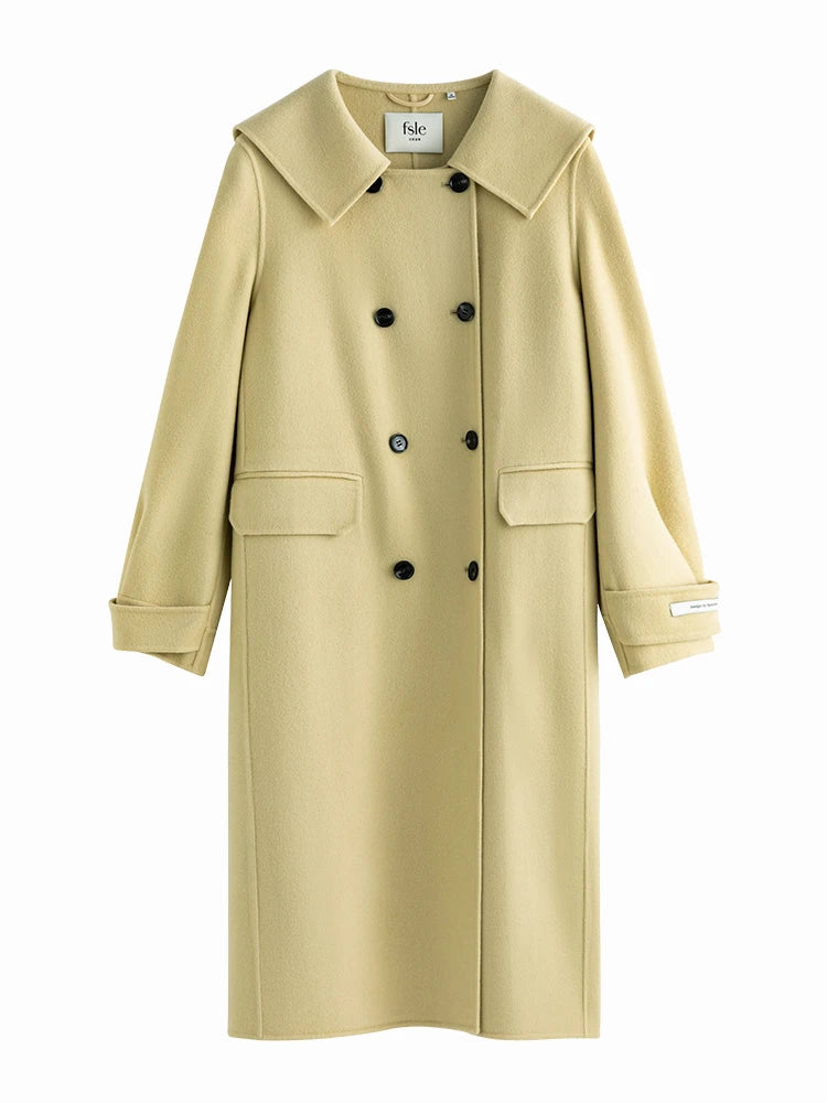 Lapel Navy Collar Long Double-breasted Office Lady Woolen Coat