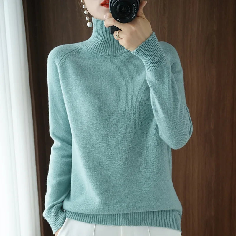 Fashion Basic Autumn Winter Merino Wool Mock Neck Cashmere Pullover Soft Long Sleeve Sweater