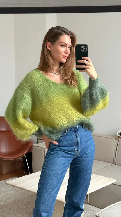 Fashion Gradient Green Loose Knitted Pullover Women Elegant Round Neck Long Sleeve Chic Autumn Sweater