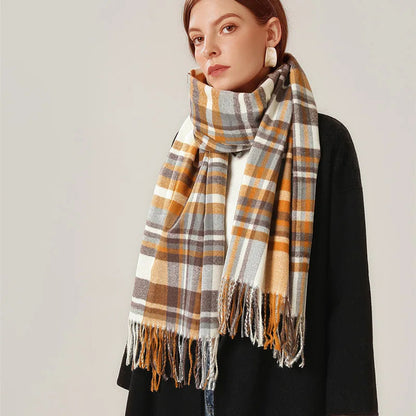 Vintage Plaid Cashmere Knit Tassel Scarf for Women