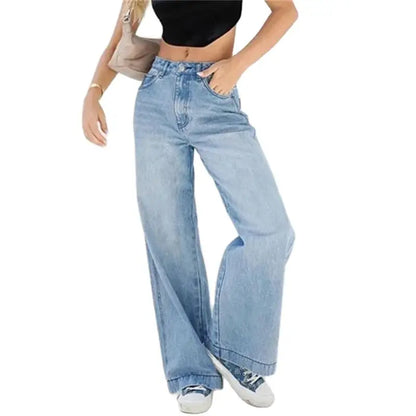 Fashion Loose Mid Waist Straight Daily Casual Commuter Denim High Street Wide Leg Jean