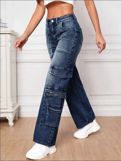 Amy Fashion - Fashion Multi Pocket Women's High Waist Y2K Loose Cargo Denim Wide Leg Casual Clothing 2024 Fall New S-2XL Jean