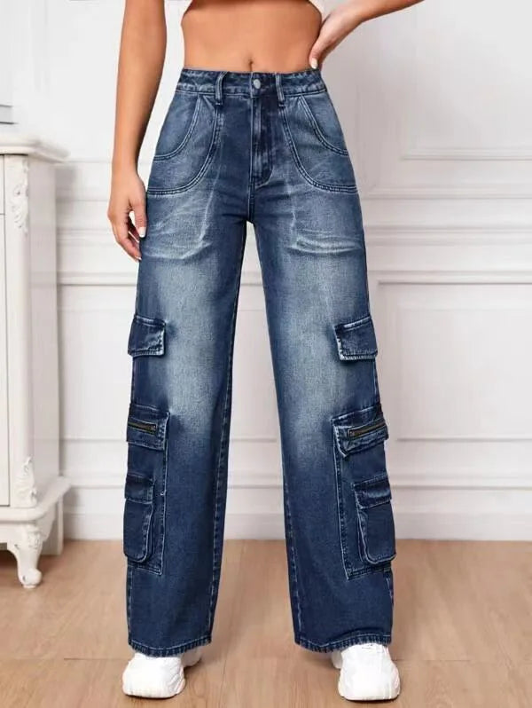 Amy Fashion - Fashion Multi Pocket Women's High Waist Y2K Loose Cargo Denim Wide Leg Casual Clothing 2024 Fall New S-2XL Jean