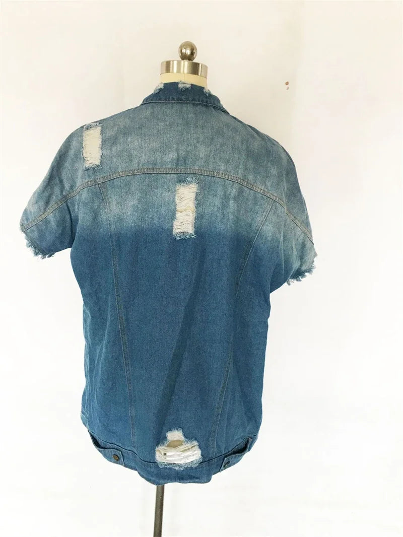 Ripped Jean Summer Broken Holes Denim Streetwear Short Sleeve Jacket