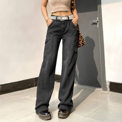 Amy Fashion - Fashion Streetwear Women Denim Trouser Loose Cargo Korean Autumn Winter Pockets Patchwork Baggy Jean