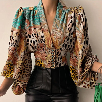 Fashion V-neck Tight Shrinkable Cuffs Flower Print Blouse