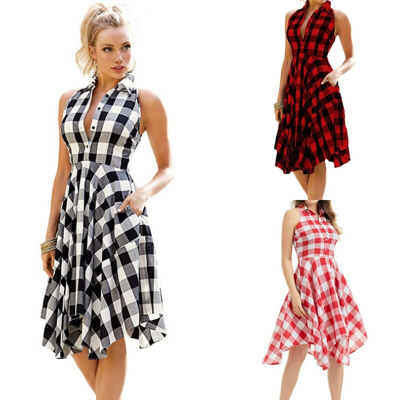 Amy Fashion - Plaid Pleated Office Casual Long Beach Party Dress