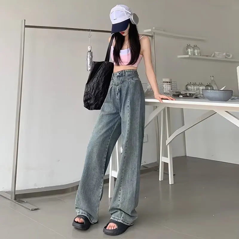 Amy Fashion - Fashionable Minimalist Lazy Wide Legged Harajuku Trendy Natural Waist Jean