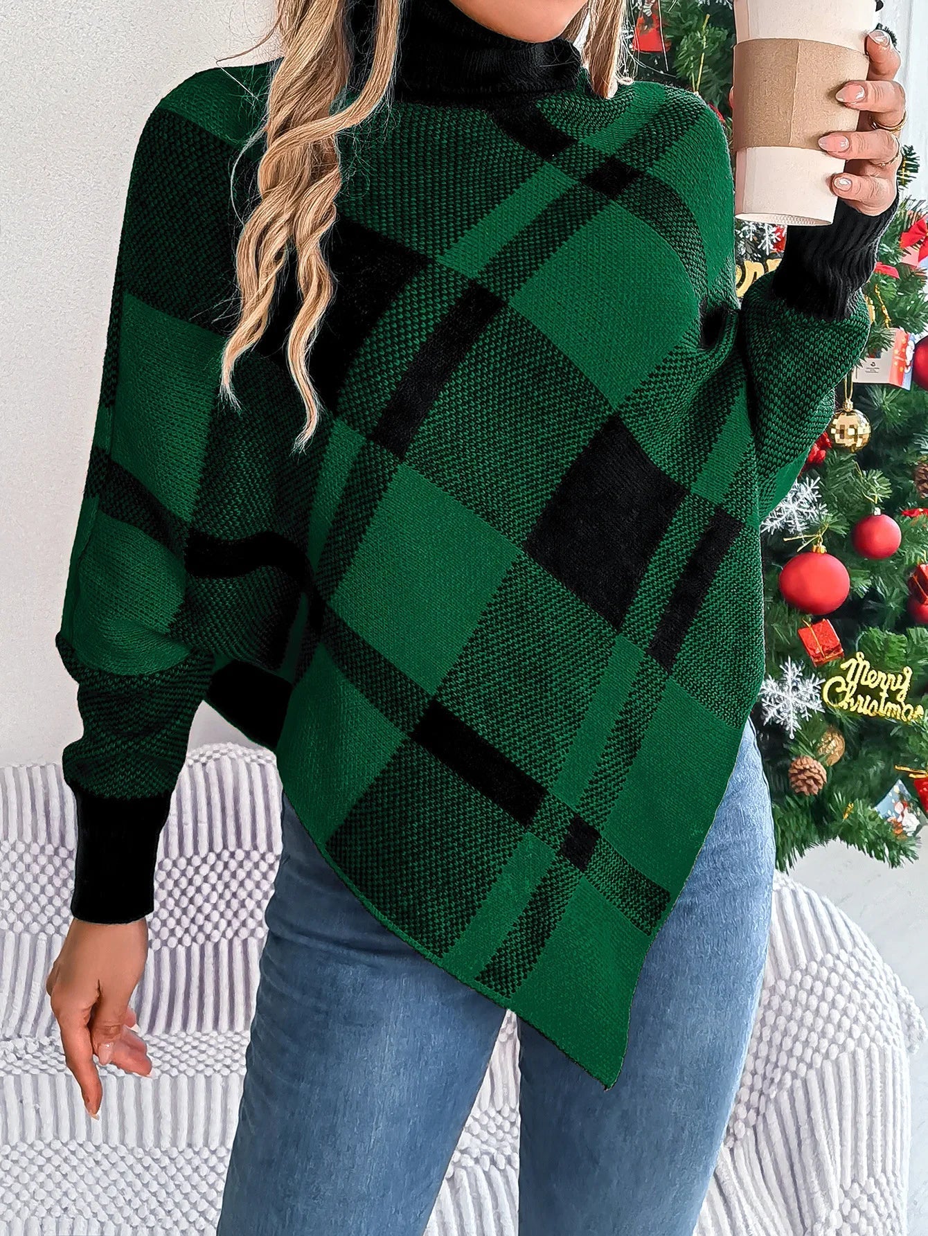 Elegant Casual Color Contrasting High Collar Long Sleeve Christmas Sweater