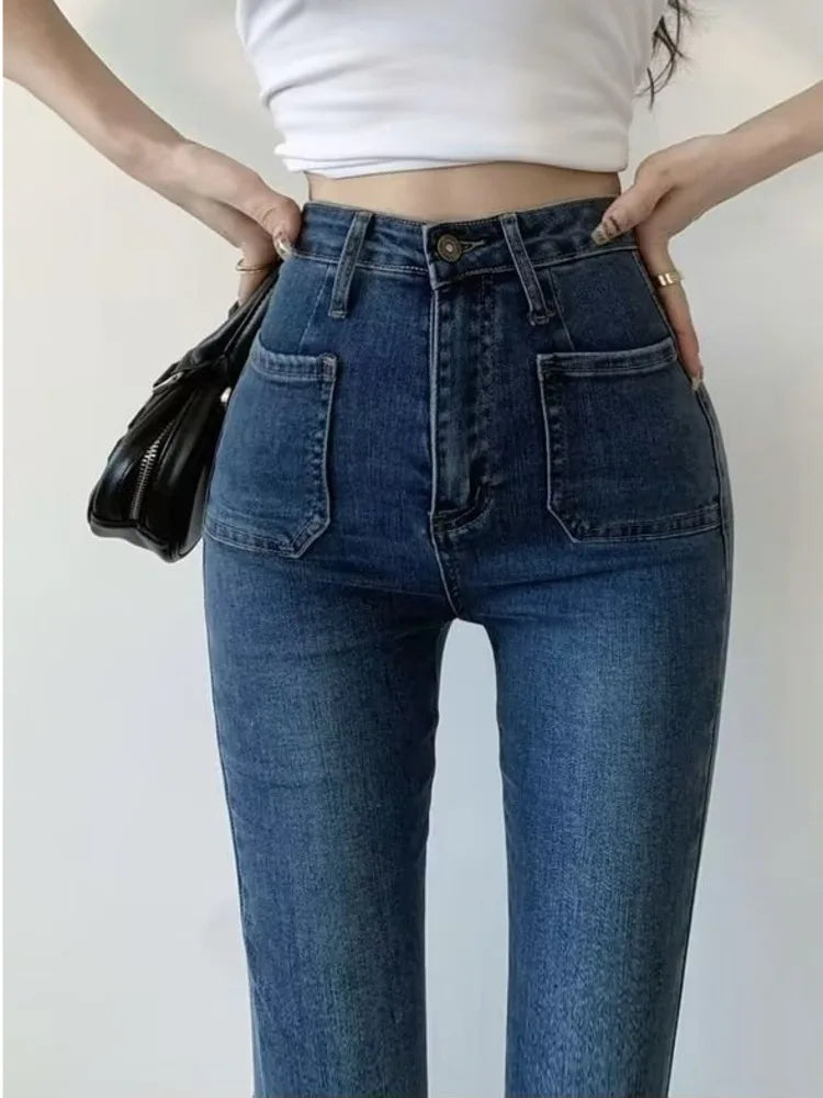 Amy Fashion - Retro Hot Girl Belt Niche High-waisted Elastic Mopping Jean