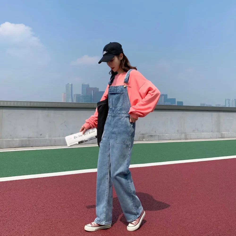 Amy Fashion - Denim Jumpsuits Women Pant Woman High Waist Denim Pants Wide Leg Denim Clothing Blue Vintage Quality Fashion