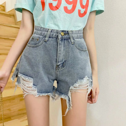 Amy Fashion - New Summer Casual Female Loose Fit High Waist Button Blue Denim Jean