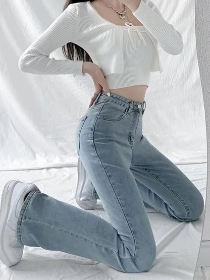 Amy Fashion - Split Spring and Autumn New High-Waisted Slim Fit Wide-Legged Trendy Jean