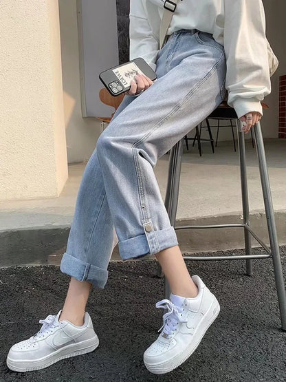 Amy Fashion - Straight Women's Spring New Scheming Design Niche High Waist Thin Retro Wide Leg Jean