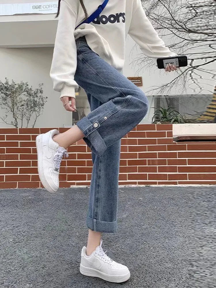 Amy Fashion - Straight Women's Spring New Scheming Design Niche High Waist Thin Retro Wide Leg Jean
