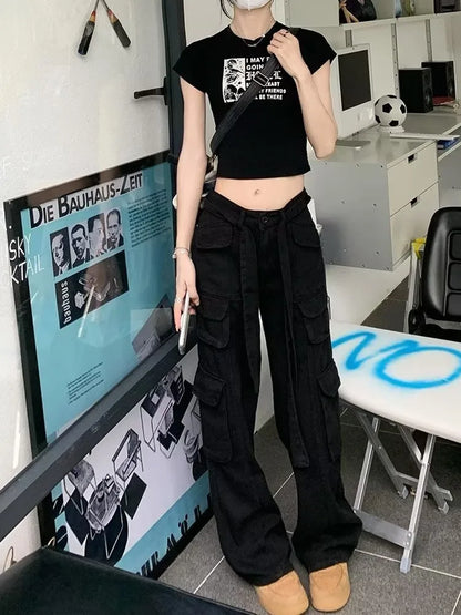 Amy Fashion - Trousers Summer Popular Light-Colored Women's New Temperament Trend Wide-Leg Pants Japanese Fashion Zipper Jean