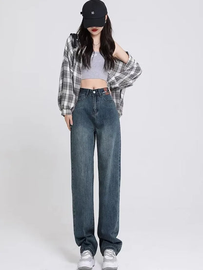 Amy Fashion - Spring and Autumn New Korean Version High-Waisted Slimming Retro Straight Jean
