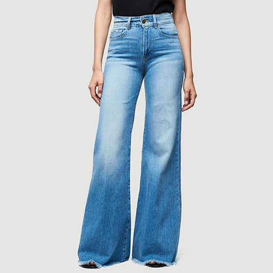 Amy Fashion - Flare Women High Waist Slim Vintage Fashion Streetwear Stretch Casual Full Length Loose Wide Leg Jean