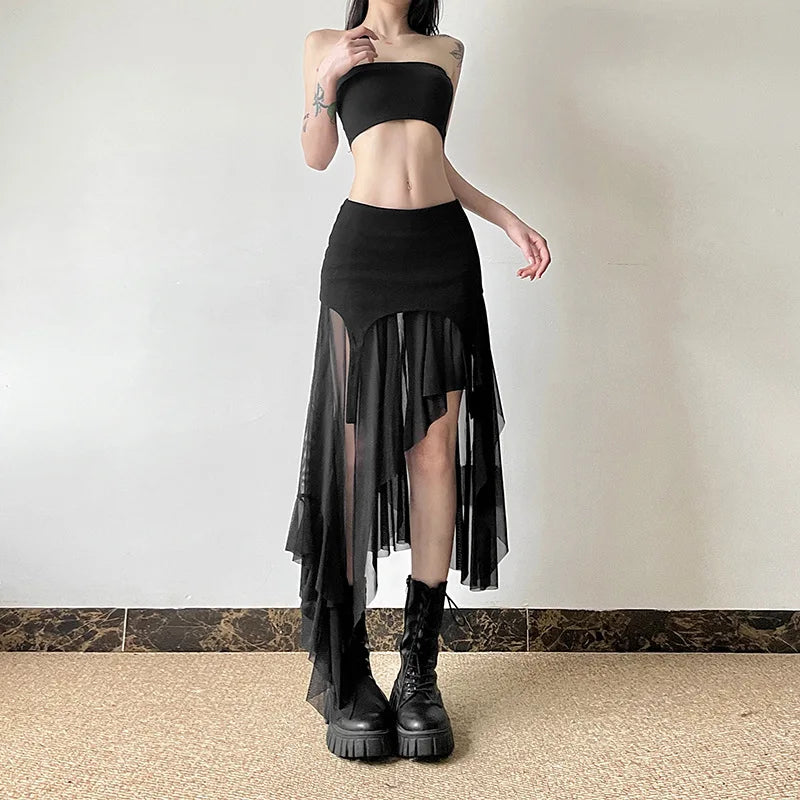 Streetwear Irregular Cyber Mesh Y2K Fashion Hem Alt Goth Patchwork Skirt Mid Harajuku Club