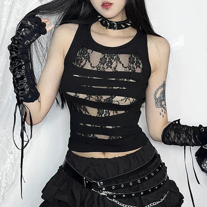 Crop Splice Cut Grunge Punk Lace Out Sexy Bodycon Top Dark Gothic Mall Techwear